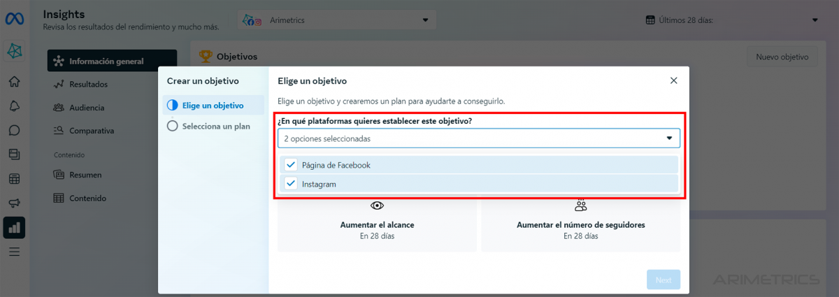 Configurar objetivos en Meta Business Suite.