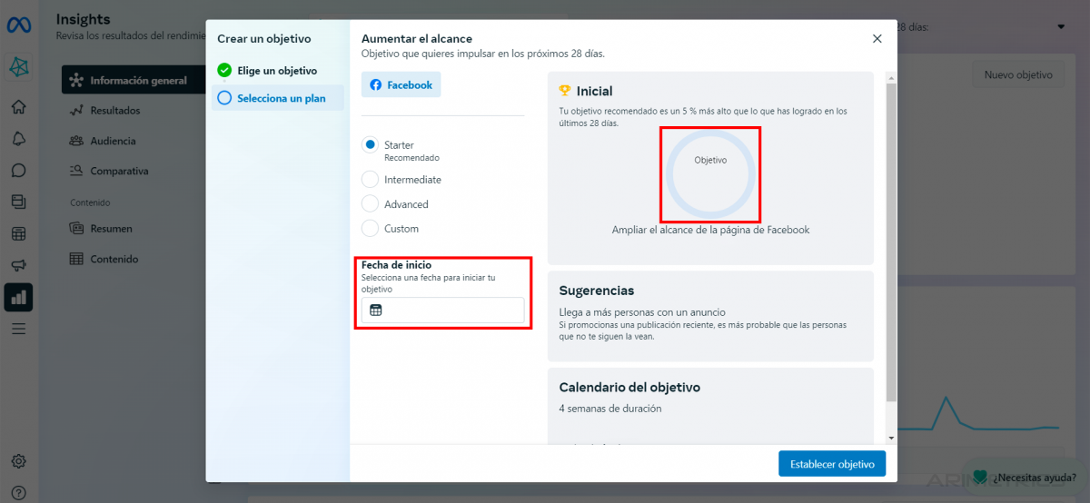 Configurar objetivos en Meta Business Suite.