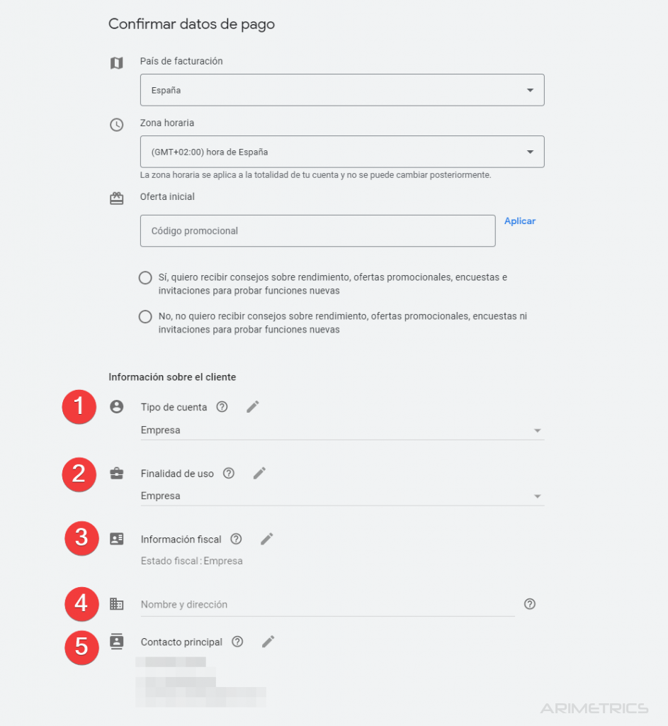 Poner datos de facturación en Google Ads