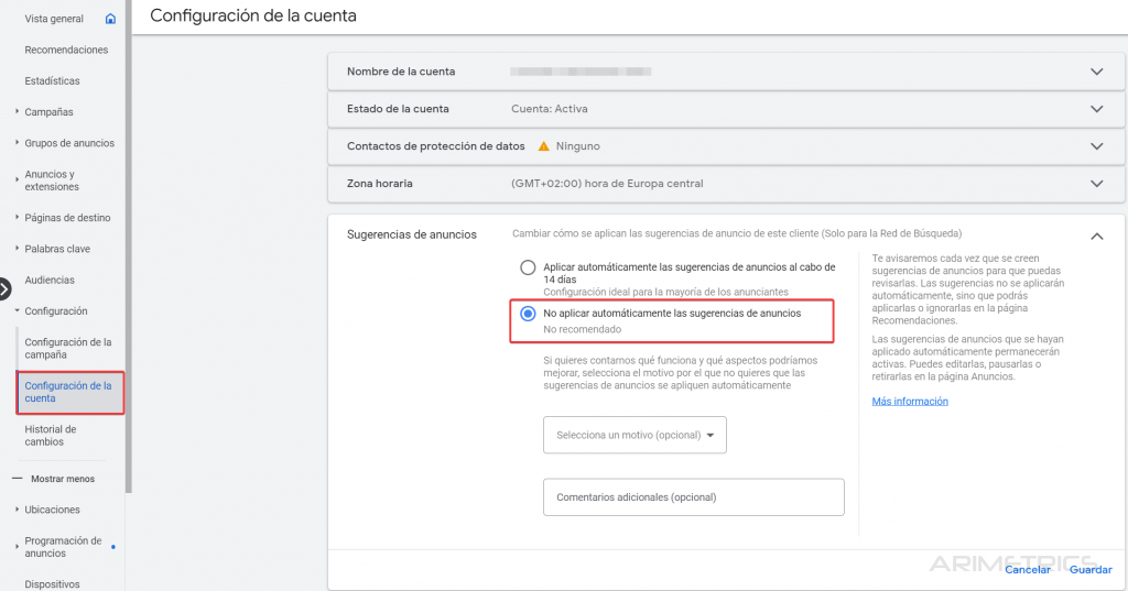 Deshabilitar Sugerencias de Anuncios en Google Ads