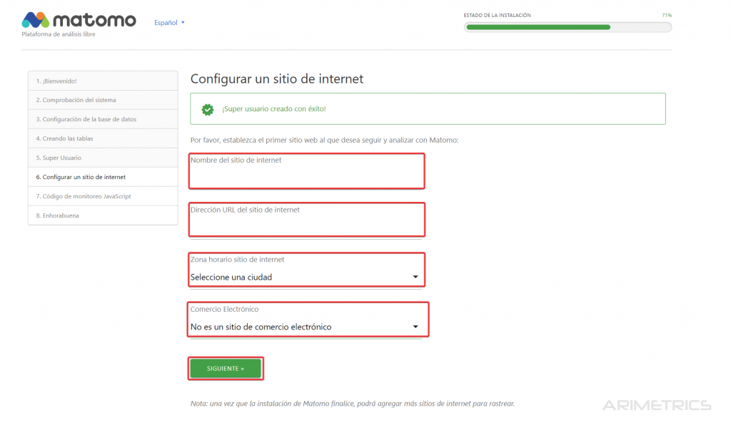 Instalar Matomo - Configurar Sitio